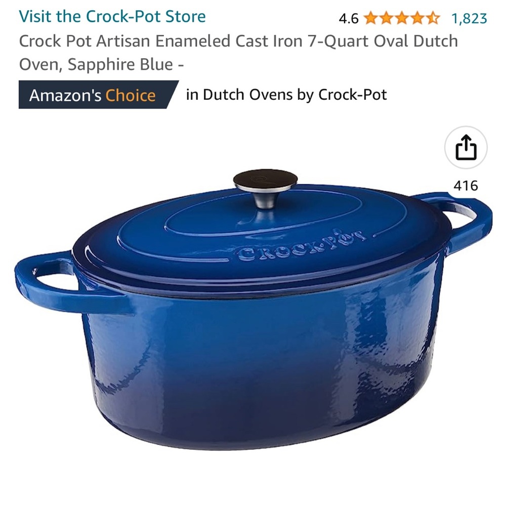 Crock Pot Artisan Oval Enameledy Cast Iron Dutch Oven, 7-Quart, Sapphire Blue